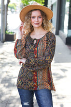 Load image into Gallery viewer, Weekend Ready Black & Rust Paisley Raglan Keyhole Tie Top
