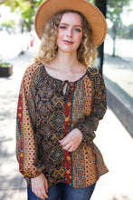 Load image into Gallery viewer, Weekend Ready Black & Rust Paisley Raglan Keyhole Tie Top