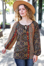 Load image into Gallery viewer, Weekend Ready Black & Rust Paisley Raglan Keyhole Tie Top