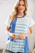 Load image into Gallery viewer, Blue Rib Terry Lace & Stripe Color Block Top