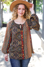 Load image into Gallery viewer, Weekend Ready Black & Rust Paisley Raglan Keyhole Tie Top