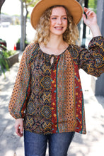 Load image into Gallery viewer, Weekend Ready Black & Rust Paisley Raglan Keyhole Tie Top
