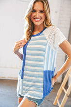 Load image into Gallery viewer, Blue Rib Terry Lace & Stripe Color Block Top