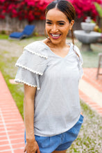 Load image into Gallery viewer, Lovely In Gray Stripe Tiered Ruffle Sleeve Ric Rac Trim Top