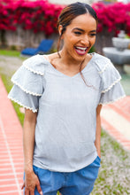 Load image into Gallery viewer, Lovely In Gray Stripe Tiered Ruffle Sleeve Ric Rac Trim Top