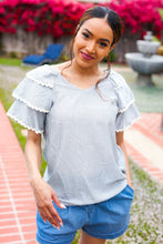Load image into Gallery viewer, Lovely In Gray Stripe Tiered Ruffle Sleeve Ric Rac Trim Top