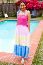 Load image into Gallery viewer, Vacay Vibes Hot Pink & Blue Smocked Color Block Maxi Dress