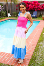 Load image into Gallery viewer, Vacay Vibes Hot Pink & Blue Smocked Color Block Maxi Dress