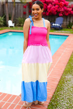 Load image into Gallery viewer, Vacay Vibes Hot Pink & Blue Smocked Color Block Maxi Dress