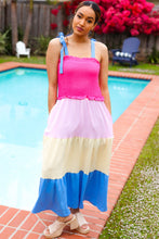 Load image into Gallery viewer, Vacay Vibes Hot Pink & Blue Smocked Color Block Maxi Dress