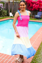 Load image into Gallery viewer, Vacay Vibes Hot Pink & Blue Smocked Color Block Maxi Dress