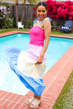 Load image into Gallery viewer, Vacay Vibes Hot Pink & Blue Smocked Color Block Maxi Dress