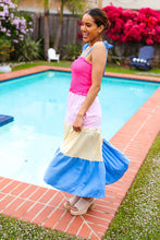 Load image into Gallery viewer, Vacay Vibes Hot Pink & Blue Smocked Color Block Maxi Dress