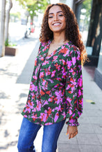 Load image into Gallery viewer, Eyes On You Forest Green Floral Smocked Bubble Sleeve V Neck Top