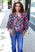 Load image into Gallery viewer, Eyes On You Forest Green Floral Smocked Bubble Sleeve V Neck Top