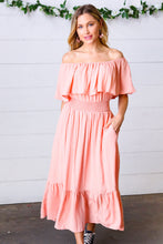 Load image into Gallery viewer, Coral off Shoulder Smocked Waist Ruffle Sleeve Midi Dress