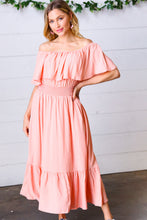Load image into Gallery viewer, Coral off Shoulder Smocked Waist Ruffle Sleeve Midi Dress