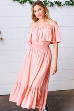 Load image into Gallery viewer, Coral off Shoulder Smocked Waist Ruffle Sleeve Midi Dress
