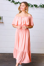 Load image into Gallery viewer, Coral off Shoulder Smocked Waist Ruffle Sleeve Midi Dress