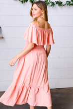 Load image into Gallery viewer, Coral off Shoulder Smocked Waist Ruffle Sleeve Midi Dress