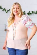 Load image into Gallery viewer, Peach & Floral Tie Neck Bubble Sleeve Top