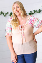Load image into Gallery viewer, Peach & Floral Tie Neck Bubble Sleeve Top