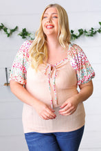 Load image into Gallery viewer, Peach & Floral Tie Neck Bubble Sleeve Top
