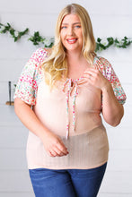 Load image into Gallery viewer, Peach & Floral Tie Neck Bubble Sleeve Top