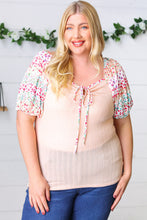 Load image into Gallery viewer, Peach & Floral Tie Neck Bubble Sleeve Top