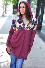 Load image into Gallery viewer, Stand Out Burgundy Tribal Print Half Zip Longline Hoodie