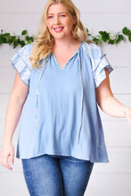 Load image into Gallery viewer, Blue Floral & Stripe V Neck Tie Double Flutter Sleeve Top