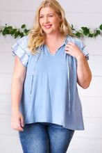 Load image into Gallery viewer, Blue Floral & Stripe V Neck Tie Double Flutter Sleeve Top