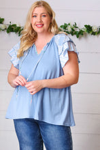 Load image into Gallery viewer, Blue Floral & Stripe V Neck Tie Double Flutter Sleeve Top
