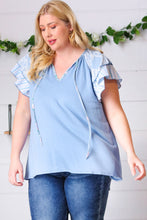 Load image into Gallery viewer, Blue Floral & Stripe V Neck Tie Double Flutter Sleeve Top