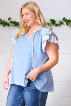 Load image into Gallery viewer, Blue Floral & Stripe V Neck Tie Double Flutter Sleeve Top