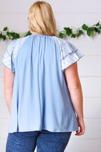 Load image into Gallery viewer, Blue Floral & Stripe V Neck Tie Double Flutter Sleeve Top