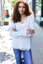 Load image into Gallery viewer, Feels Like Love Grey Lace Trim Rib Long Sleeve Top