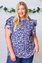 Load image into Gallery viewer, Navy Floral Mock Neck Flutter Sleeve Top