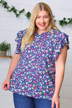 Load image into Gallery viewer, Navy Floral Mock Neck Flutter Sleeve Top