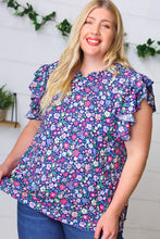 Load image into Gallery viewer, Navy Floral Mock Neck Flutter Sleeve Top