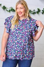 Load image into Gallery viewer, Navy Floral Mock Neck Flutter Sleeve Top
