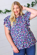 Load image into Gallery viewer, Navy Floral Mock Neck Flutter Sleeve Top