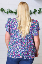 Load image into Gallery viewer, Navy Floral Mock Neck Flutter Sleeve Top