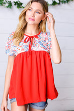 Load image into Gallery viewer, Red Boho Print Tie Neck Dolman Top