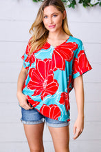 Load image into Gallery viewer, Teal & Cherry Red Floral Print V Neck Top