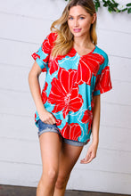 Load image into Gallery viewer, Teal & Cherry Red Floral Print V Neck Top