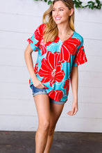 Load image into Gallery viewer, Teal & Cherry Red Floral Print V Neck Top