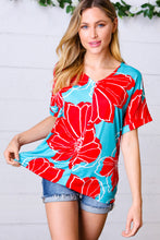 Load image into Gallery viewer, Teal & Cherry Red Floral Print V Neck Top
