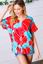 Load image into Gallery viewer, Teal & Cherry Red Floral Print V Neck Top