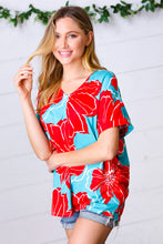 Load image into Gallery viewer, Teal & Cherry Red Floral Print V Neck Top